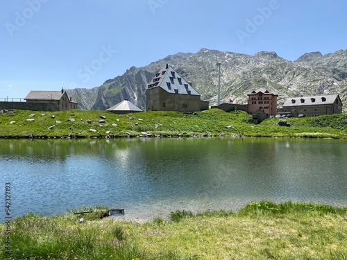 Summer atmosphere on the Lago dei Monti or Lake of the Mountains in the Swiss alpine area of the mountain St. Gotthard Pass (Gotthardpass), Airolo - Canton of Ticino (Tessin), Switzerland (Schweiz)