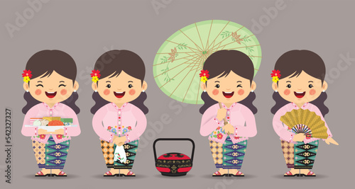 Set of cartoon lady wearing peranakan kebaya with Nyonya pastry, bakul siah, oil paper umbrella and hand fan. Baba-nyonya culture flat design.