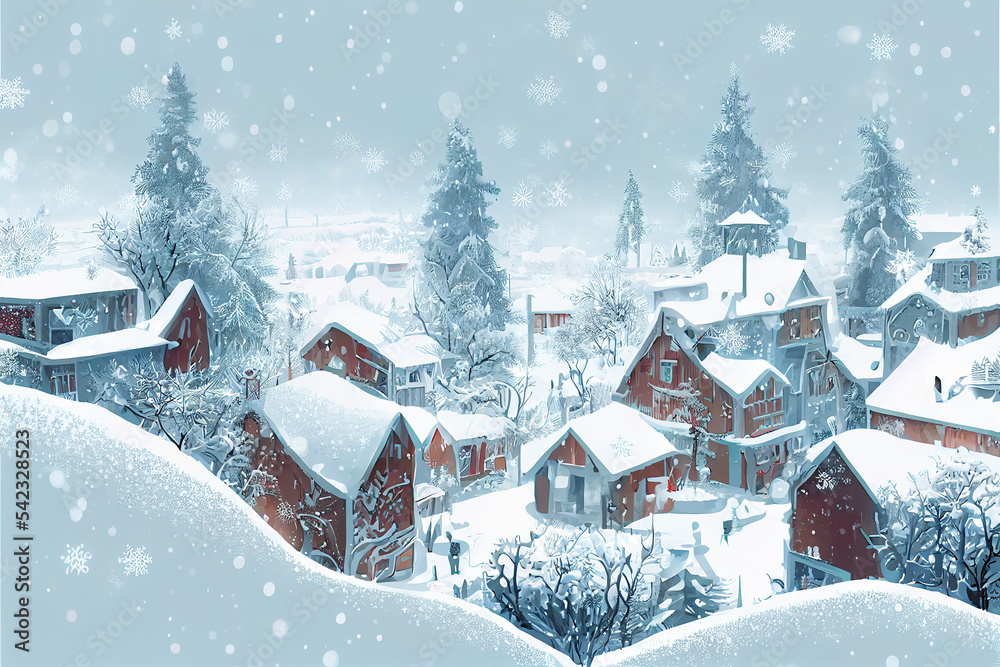 Wallpaper graphic background design for winter season. The village with falling snow on the snow field. Poster card cover for Christmas.