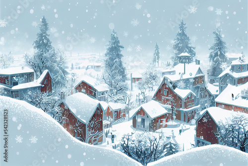 Wallpaper graphic background design for winter season. The village with falling snow on the snow field. Poster card cover for Christmas.