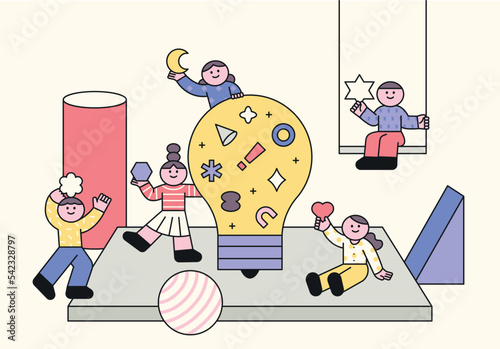 A space composed of cute children's characters and various shapes and a large light bulb. outline simple vector illustration.