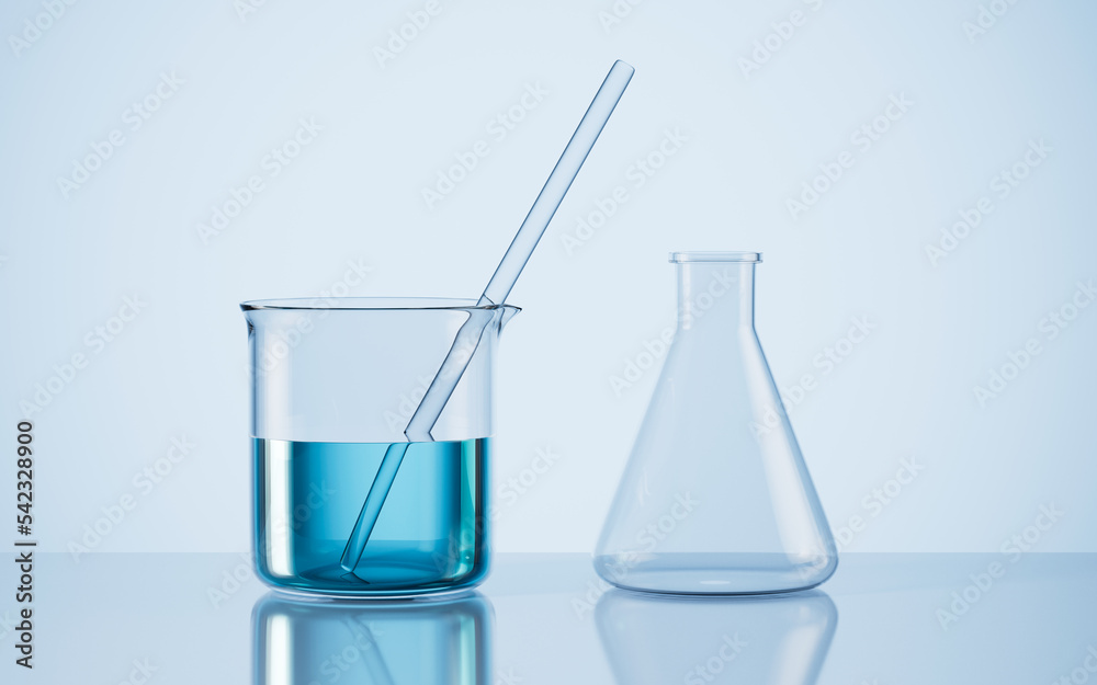 Beaker and empty conical flask in the lab, 3d rendering. Beaker and empty conical flask in the lab, 3d rendering.
