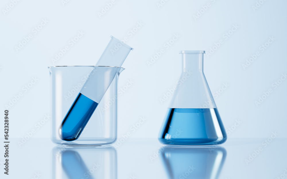 Glassware on the desk in the lab, 3d rendering. Glassware on the desk in the lab, 3d rendering.