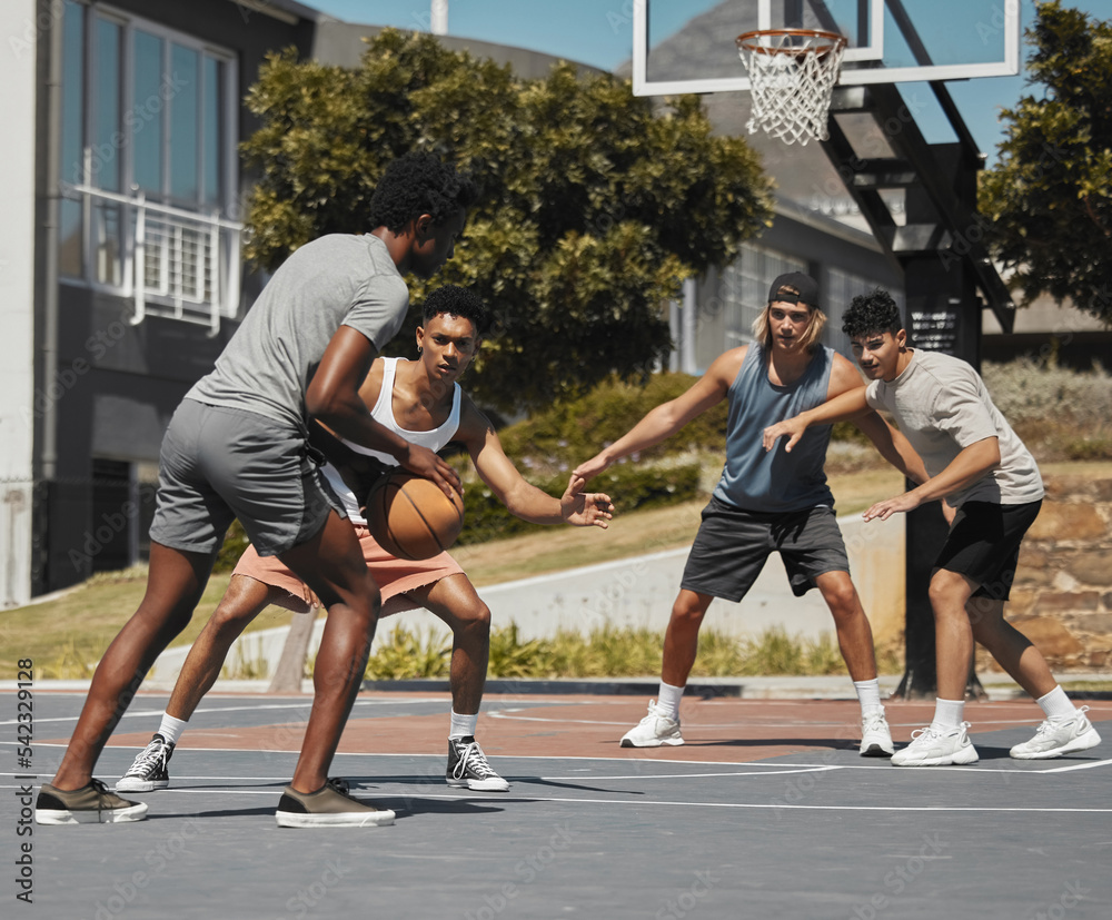 Basketball, fitness and men in sports game for exercise, workout or training on the court in the outdoors. Active athletic players in sport match playing ball together for healthy fun cardio outside