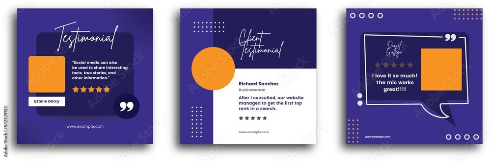 Modern and creative client testimonial social media post design. Customer service feedback review social media post or web banner with color variation - obrazy, fototapety, plakaty 