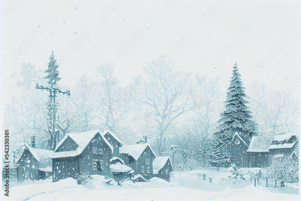 Landscape graphic design of the village on winter season with the snow falling and snow field and Christmas tree. Poster card cover wallpaper background.