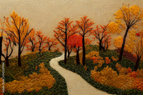 Autumn, Fall, cozy sweet hand-embroidered look, quaint, yellow maple, woods, fall colors, warm colors, seasonal leaves, forest trail, path through the woods (generative AI, AI) photo