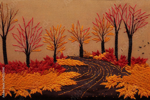 Autumn, Fall, cozy sweet hand-embroidered look, quaint, woods, fall colors, warm colors, seasonal leaves, forest trail, path through the woods (generative AI, AI) photo