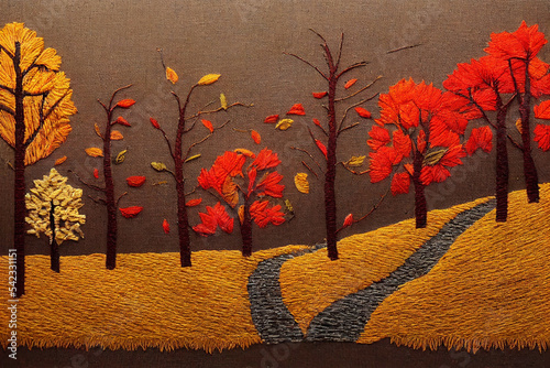 Autumn, Fall, hand-embroidered look, quaint, woods, fall colors, warm colors, seasonal leaves, forest trail, path through the woods (generative AI, AI) photo