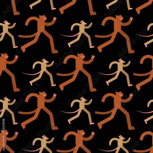 Cat runing to mouse pattern seamless. Cat is chasing rats background. Baby fabric texture