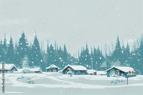 Snow falling on the village in winter season. The village on snow field and Christmas tree. Poster card cover wallpaper background graphic design.  © roeum