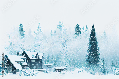 Snow falling on the village in winter season. The village on snow field and Christmas tree. Poster card cover wallpaper background graphic design.  © roeum