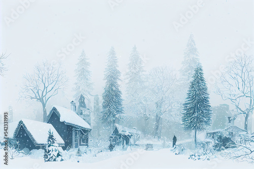 Snow falling on the village in winter season. The village on snow field and Christmas tree. Poster card cover wallpaper background graphic design. 