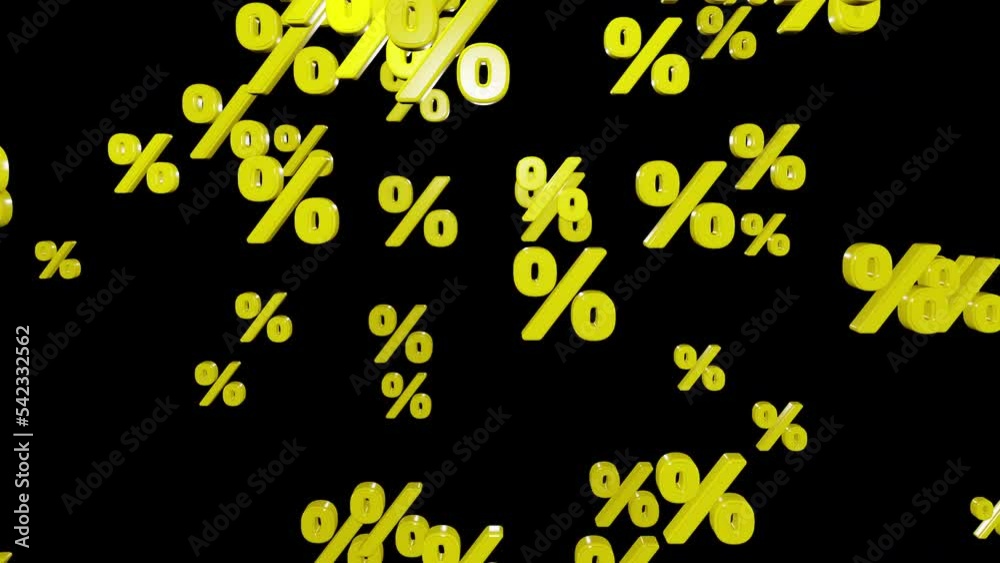 Yellow percent symbols fall down isolated on black background, looped 3d render. Concept of discounts, sales, seasonal promotions, black friday, singles day and shopping 1111. Sign percent fall. Yellow percent symbols fall down isolated on black background, looped 3d render. Concept of discounts, sales, seasonal promotions, black friday, singles day and shopping 1111. Sign percent fall.