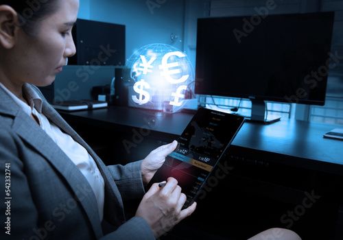 Business, finance and investment, forex trading, currency exchange, economic growth, stock market analysis concept. Using mobile phone checking stock market graph report via mobile apps