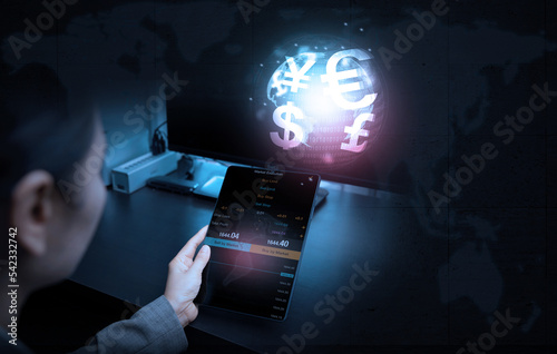 Business, finance and investment, forex trading, currency exchange, economic growth, stock market analysis concept. Using mobile phone checking stock market graph report via mobile apps