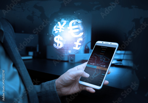 Business, finance and investment, forex trading, currency exchange, economic growth, stock market analysis concept. Using mobile phone checking stock market graph report via mobile apps