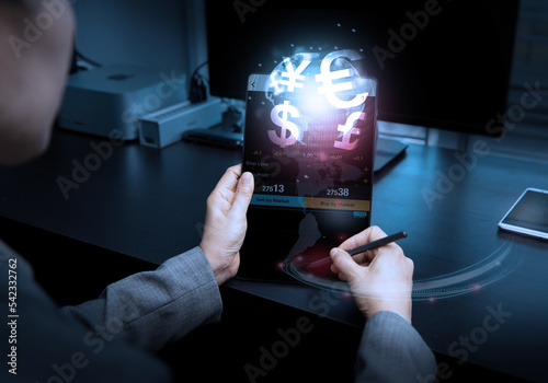 Business, finance and investment, forex trading, currency exchange, economic growth, stock market analysis concept. Using mobile phone checking stock market graph report via mobile apps