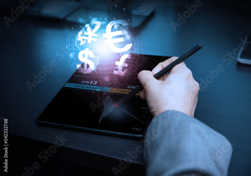 Business, finance and investment, forex trading, currency exchange, economic growth, stock market analysis concept. Using mobile phone checking stock market graph report via mobile apps