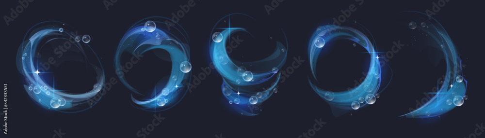 Clean effect swirl, detergent and light glow with soap bubbles and shining sparks. Isolated blue abstract foam, sparkling vortex. Cartoon dynamic elements for design of washing powder or shampoo ads