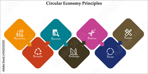 Circular Economy Principles - renovate, recycle, recover, redesign, reduce, reuse, repair. Infographic template with icons.