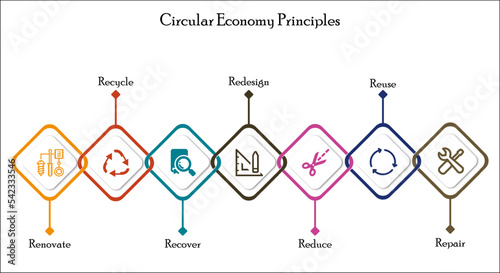 Circular Economy Principles - renovate, recycle, recover, redesign, reduce, reuse, repair. Infographic template with icons.