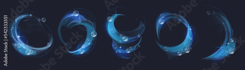 Clean effect swirl, detergent and light glow with soap bubbles and shining sparks. Isolated blue abstract foam, sparkling vortex. Cartoon dynamic elements for design of washing powder or shampoo ads
