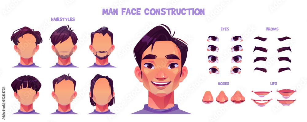 Man face emotions constructor parts eyes, nose, lips, beard, mustache avatar  creator vector cartoon character creation spare parts spares animation.  Stock Vector by ©vectordreamsmachine 170122752