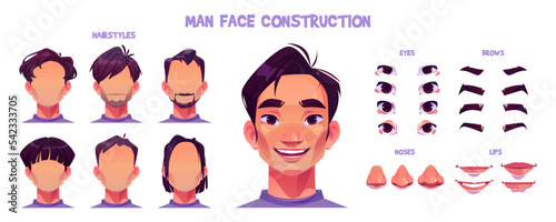 Asian man face construction cartoon set isolated on white background. Vector illustration of different male character eyes, nose, mouth, hairstyle for avatar creation. Game design elements