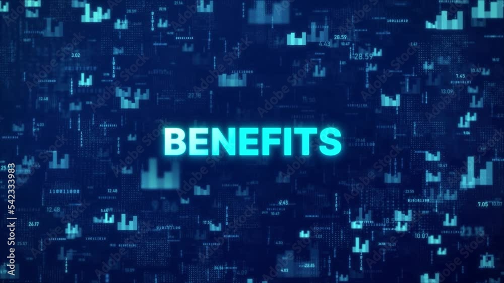 BENEFITS Concept over animated stock market background with chart, numbers and matrix codes BENEFITS Concept over animated stock market background with chart, numbers and matrix codes