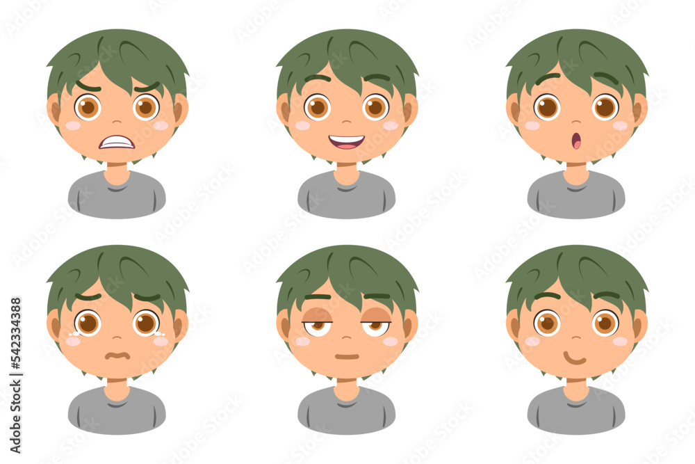 Collection of face expressions cute children cartoon character design. Different emotions boy Vector illustration. Face of smiling, crying, anger, surprise, indifferent isolated on white background. Collection of face expressions cute children cartoon character design. Different emotions boy Vector illustration. Face of smiling, crying, anger, surprise, indifferent isolated on white background.