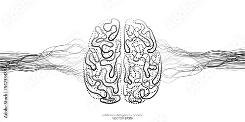 Vector illustration left right human brain black line and neural network wavy line isolated on white background in concept of A.I. artificial intelligence technology, machine learning, neuroscience