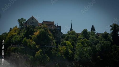 Scenic view of buildings on a green hill against the Reinfall in Switzerland