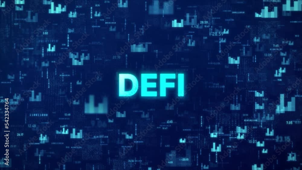 DeFI or Decentralized Finance Concept over animated stock market background with chart, numbers and matrix codes DeFI or Decentralized Finance Concept over animated stock market background with chart, numbers and matrix codes