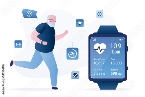 Elderly sportsman uses smart watch for counting steps. Fitness tracker with mobile phone app - step counter, pedometer, activity heart rate monitoring. Grandfather jogger.