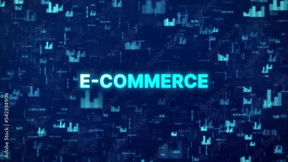 E-COMMERCE Concept over animated financial background with chart, numbers and matrix codes