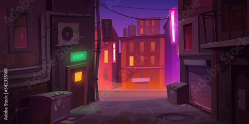Dark dirty corner at night city with back exit door, litter bins on narrow street with old buildings and view on colorful light road, town landscape Cartoon vector illustration