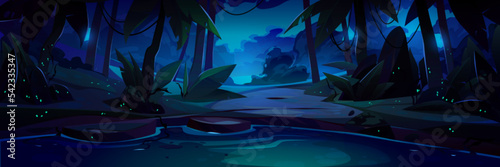 Jungle landscape with lake, path and trees silhouettes at night. Dark nature scene with pond or river shore in rainforest with plants and road, vector cartoon illustration