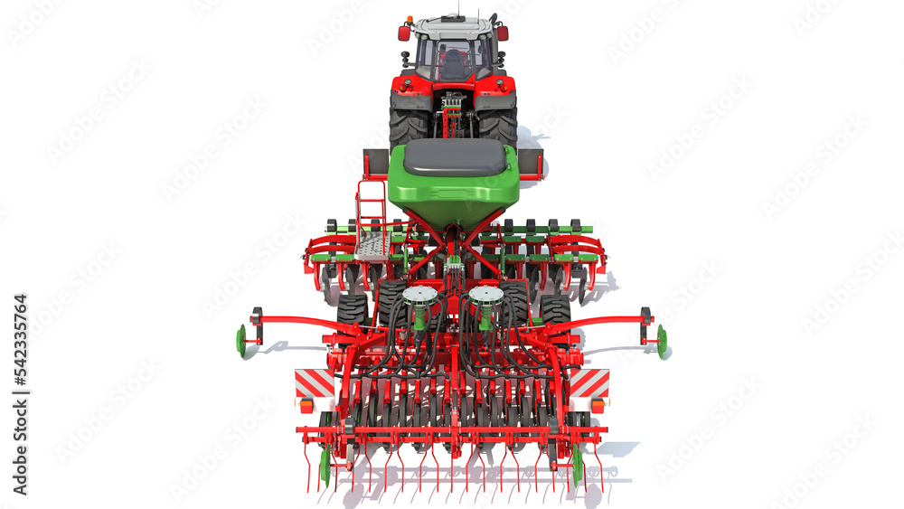 Fototapeta premium Tractor with Seed Drill farm equipment disc harrow 3D rendering on white background