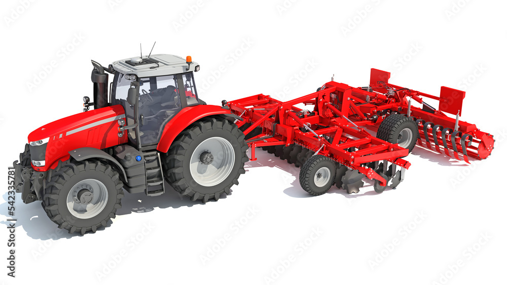 Obraz premium Tractor with Seed Drill farm equipment disc harrow 3D rendering on white background