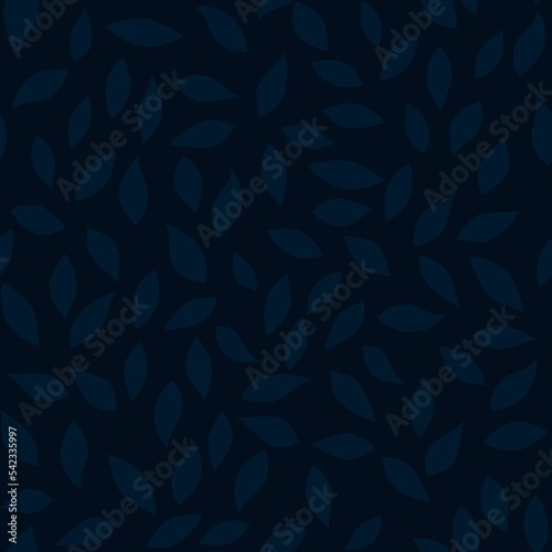 Abstract dark blue leaves on black background. Leaf seamless pattern. Great for cloth, fabric. Silhouettes of leaves. 