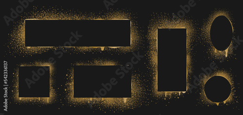 Gold spray paint frames, graffiti stencil banners. Rectangular, oval and square borders isolated on black background. Airbrushing stenciling backdrop texture with brush splashes and drips, Vector set