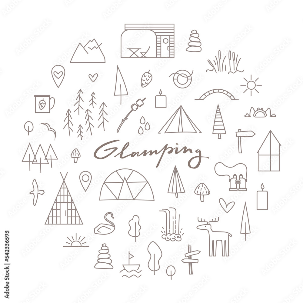 Glamping set at round frame, template. Line illustrations with tree, pine, forest, hous, animals Glamping set at round frame, template. Line illustrations with tree, pine, forest, hous, animals