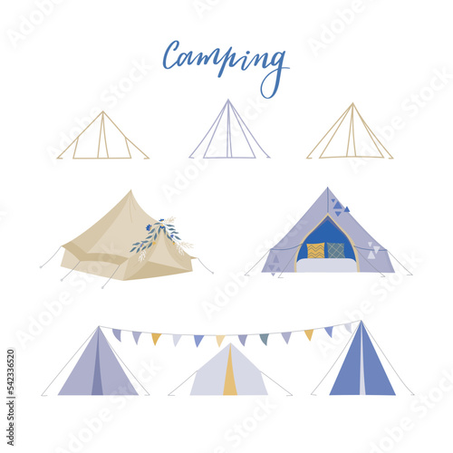 Boho Camping tents vector illustrations. Line tipi for web about summer camp, nature rest