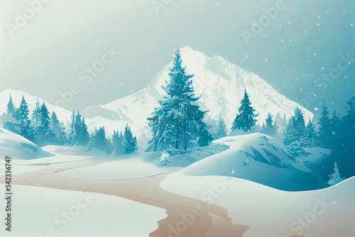 Landscape graphic design for winter season. snow field on the hill and Christmas tree forest. Poster card cover wallpaper background. © roeum