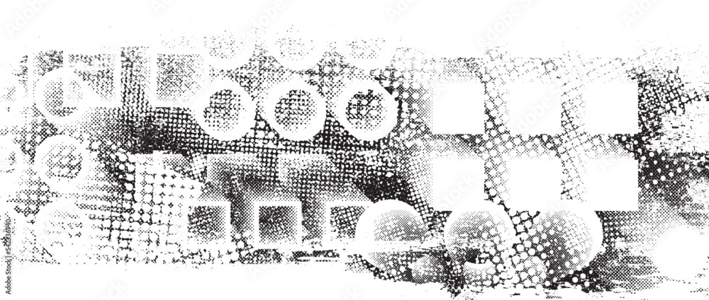 Obraz premium Glitch distorted grungy isolated banner . Design element for brochure, social media, posters, flyers. Overlay texture.Textured banner with Distress effect .Vector halftone dots . Screen print texture
