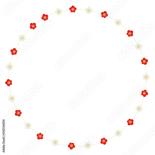 紅白の和風梅柄なドットの丸い飾り枠 