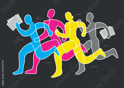 Running people sympolizing cmyk colors, printer team, line art. 
Illustration of colorful runners. Concept for presenting of color print. Vector available.
