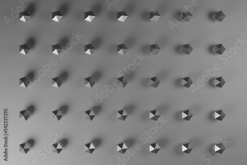 Polygons with glittering triangle faces, abstract business illustration, black and white background, 3D rendering