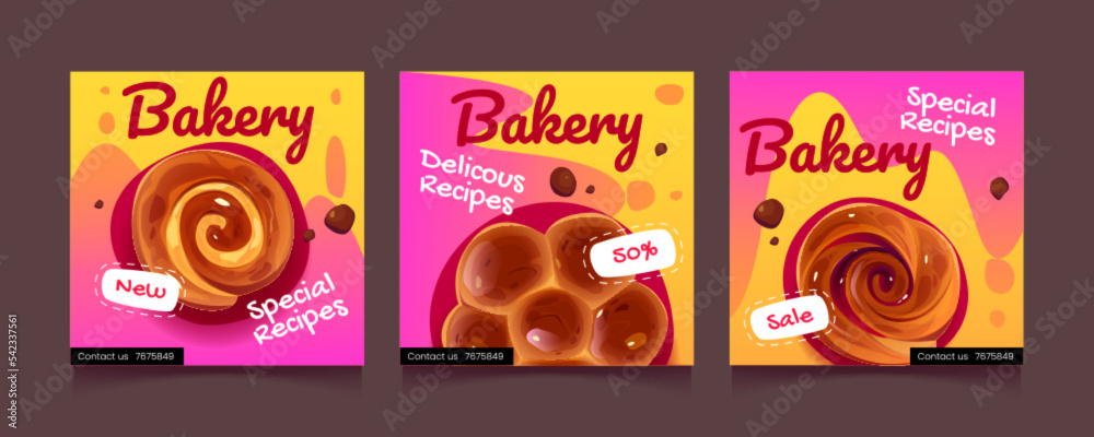 Bakery food banners, social media post templates. Square posters with sweet swirl buns and bakes on pink and yellow background, vector cartoon illustration